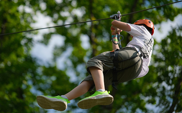 A person descending a zip line with tree tops in the background